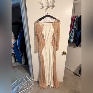 Beaded Champagne & Ivory Long Sleeve Evening Gown
